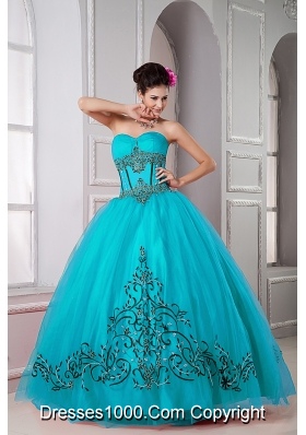 Teal Ball Gown Sweetheart Floor-length Tulle Beading Quinceanera Dresss