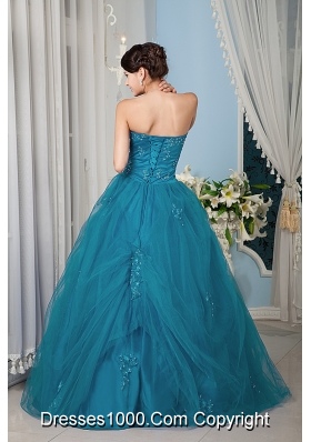 Teal  Princess Strapless Floor-length Tulle Beading Quinceanera Dress