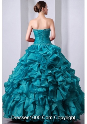 Teal Princess Sweetheart Floor-length Organza Beading and Rufffles Quinceanea Dress