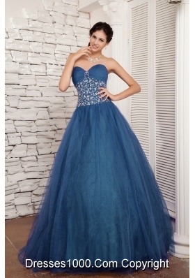 Turquoise A-line Sweetheart Floor-length Tulle Beading Prom / Evening Dress