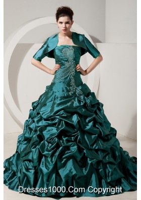 Turquoise Princess Strapless Brush Tain Taffeta Quinceanera Gowns with Beading