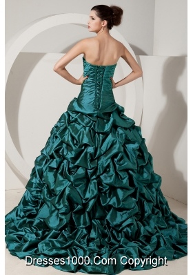 Turquoise Princess Strapless Brush Tain Taffeta Quinceanera Gowns with Beading