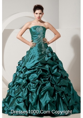 Turquoise Princess Strapless Brush Tain Taffeta Quinceanera Gowns with Beading