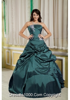 Turquoise Princess Strapless Taffeta Appliques Quinceanera Dresses