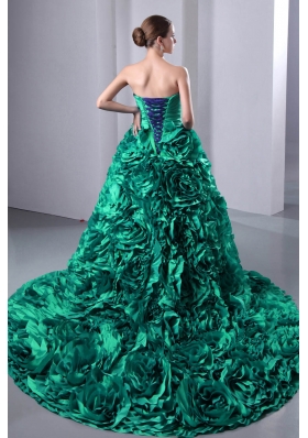 Turquoise Princess Sweetheart Brush Train Hand Made Flowers Quincenera Dresses