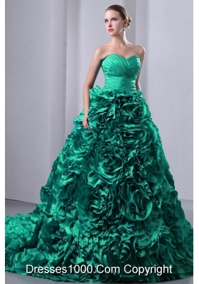 Turquoise Princess Sweetheart Brush Train Hand Made Flowers Quincenera Dresses