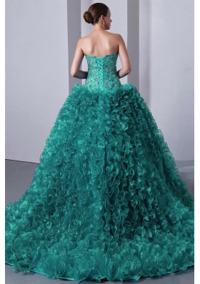 Turquoise Princess Sweetheart Brush Train Quinceanea Dresses with Beading and Ruffles