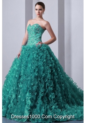 Turquoise Princess Sweetheart Brush Train Quinceanea Dresses with Beading and Ruffles