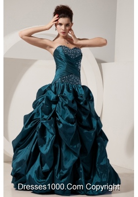 Turquoise Princess Sweetheart Taffeta Quinceneara Dresses with Beading and Pick-ups