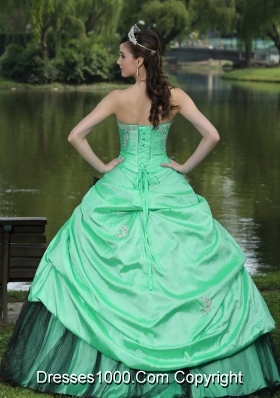 Turquoise Quinceanera Dress with Flowers and Pick-ups Custom Made