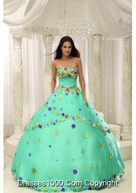 Turquoise Quninceaera Gowns For Custom Made Appliques Decorate Bodice