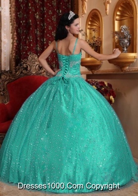 Turquoise Spaghetti Straps Sequined Beading Quinceanera Dresses