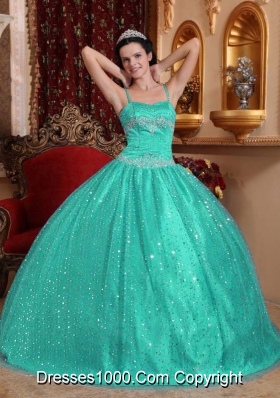 Turquoise Spaghetti Straps Sequined Beading Quinceanera Dresses