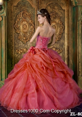 2014 Red Puffy Strapless Beading Quinceanera Dress with Hand Made Flowers