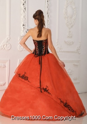 2014 Rust Red Puffy Strapless with Appliques and Hand Made Flower Quinceanera Dress