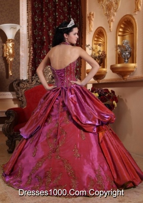 Burgundy Halter Quinceanera Dresses with Appliques and Pick-ups