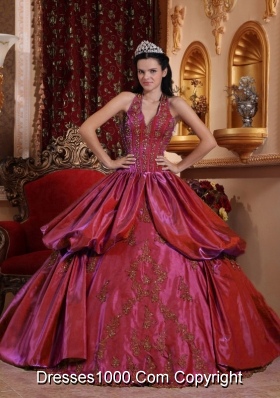 Burgundy Halter Quinceanera Dresses with Appliques and Pick-ups