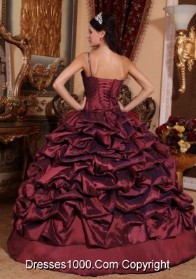 Burgundy One Shoulder Sweet 15 Dresses with Pick-ups and Beading