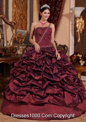 Burgundy One Shoulder Sweet 15 Dresses with Pick-ups and Beading