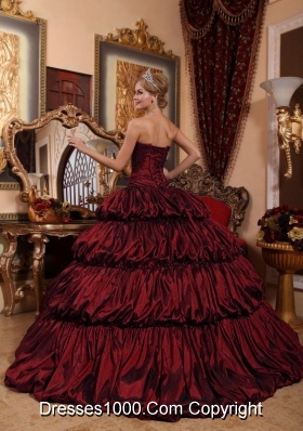 Burgundy Sweetheart Chapel Train Quinceanera Dresses with Appliques and Pick-ups