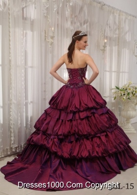 Burgundy Sweetheart Court Train Quinceanera Gowns Dress with Appliques and Pick-ups