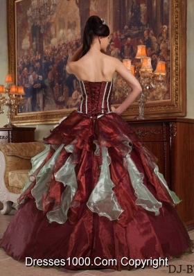 Burgundy Sweetheart Organza Quinceneara Dresses with Beading