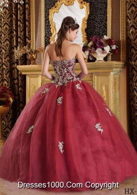 Burgundy Sweetheart Quinceanera Gown Dress with Appliques Tulle