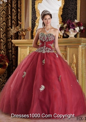 Burgundy Sweetheart Quinceanera Gown Dress with Appliques Tulle