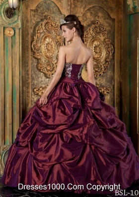 Burgundy Taffeta Strapless Quinceanera Gown Dress with Embroidery