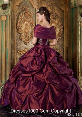 Burgundy Taffeta Strapless Quinceanera Gown Dress with Embroidery