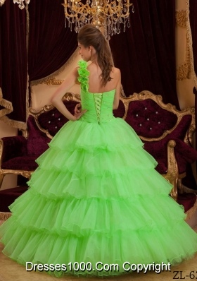 Lemon Green Princess One Shoulder Sweet Sixteen Dresses with Flowers and Layers