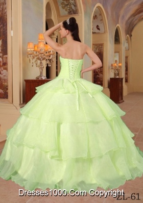 Lemon Green Sweetheart Organza Sweet Sixteen Dresses with Beading and Layers