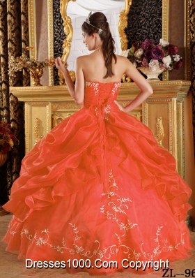 Petty Orange Red Puffy Strapless Embroidery for 2014 Quinceanera Dress