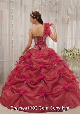 Petty Red Puffy One-shoulder Appliques for 2014 Quinceanera Dress with Pick-ups