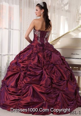 Puffy Strapless Burgundy Quinceanera Dresses with Embroidery and Pick-ups