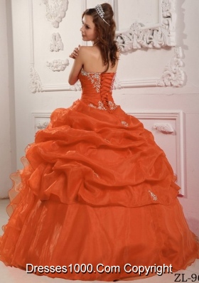 Sweet Orange Red Puffy Strapless Organza Beading And Ruffles for 2014 Quinceanera Gowns