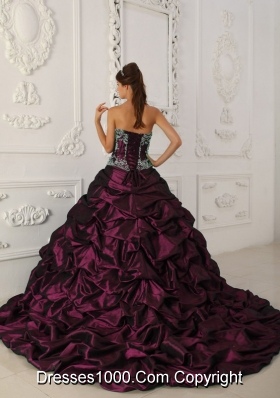 Sweetheart Chapel Train Burgundy Quinceanera Dress with Appliques and Layers