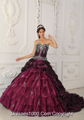 Sweetheart Chapel Train Burgundy Quinceanera Dress with Appliques and Layers