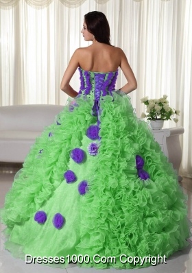 Green Strapless Organza Quinceanera Gowns with Flowers and Ruffles