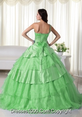 Lemon Green One Shoulder Organza Sweet 15 Dresses with Beading and Layers