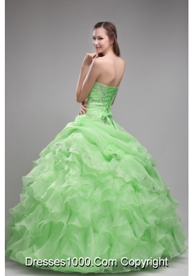 Lemon Green Strapless Orangza Quincenera Dresses with Beading and Ruffles