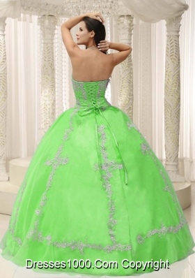 Lemon Green Sweetheart Appliques and Beaded Decorate For 2014 Quincianera Dresses