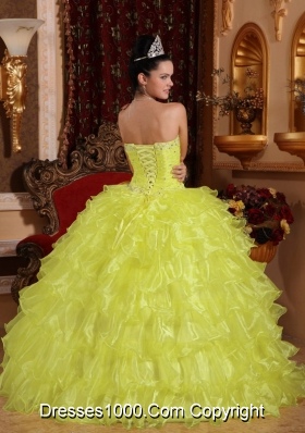 Strapless Organza Yellow Quinceneara Dresses with Beading and Ruffles