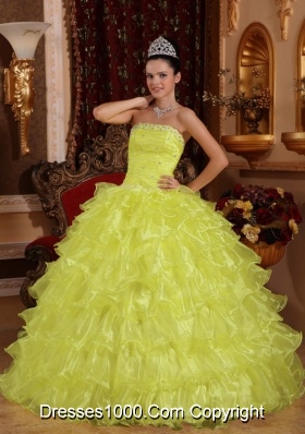 Strapless Organza Yellow Quinceneara Dresses with Beading and Ruffles