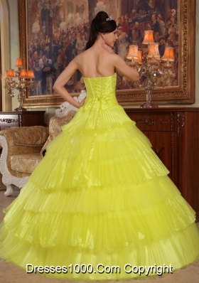 Strapless Organza Yellow Sweet 15 Dresses with Layers and Appliques