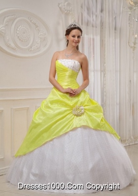 Yellow Strapless Quinceaneras Dress with Beading and Flowers