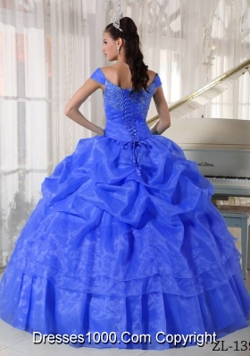 2014 Blue Puffy Off The Shoulder with Beading Quinceanera Dresses