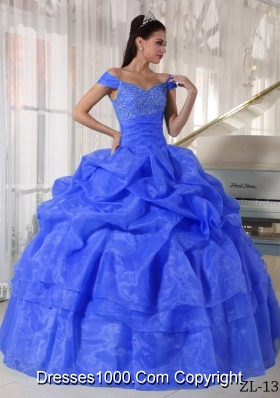 2014 Blue Puffy Off The Shoulder with Beading Quinceanera Dresses