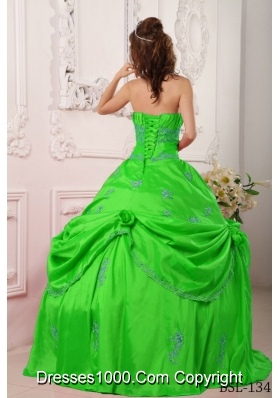 2014 Princess Strapless Beading and Appliques Spring Green Quinceanera Dresses