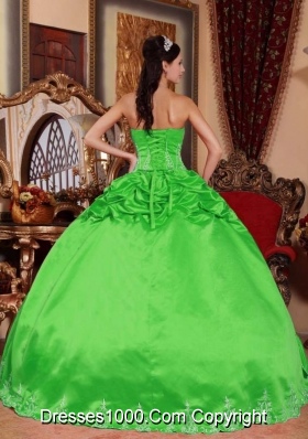 2014 Strapless Embroidery Spring Green Long Puffy Quinceanera Dresses